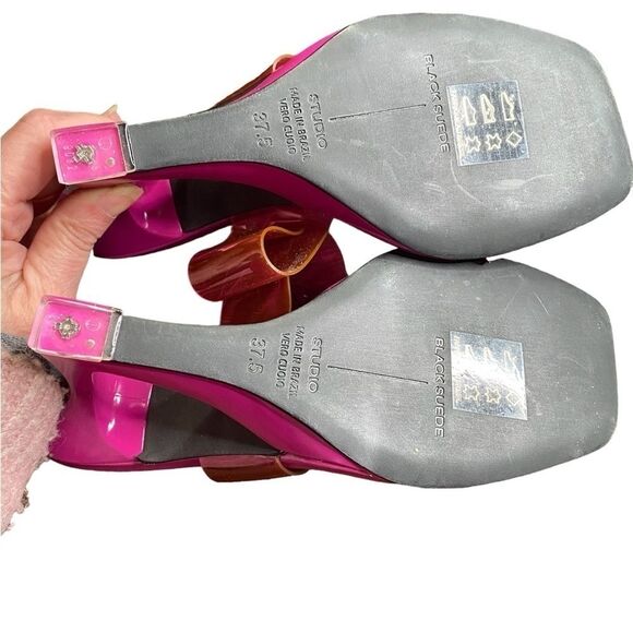 Black Suede Studio ODESSA Fuchsia Fedora Patent Leather Cut Out Wedge Sandals - Picture 12 of 16